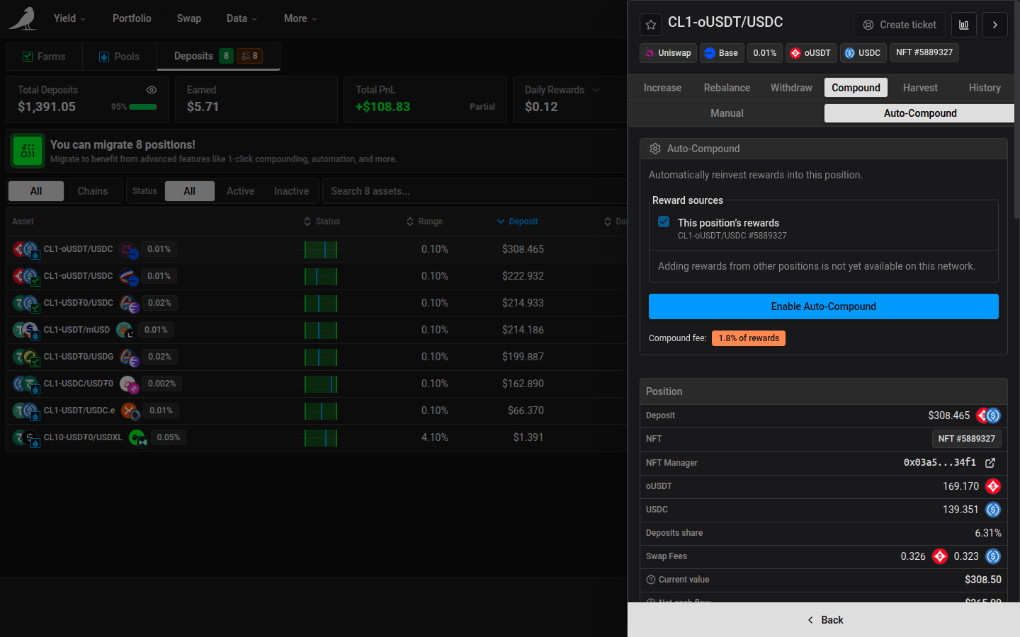 Auto-Compound settings, with the compound fee and the enable button