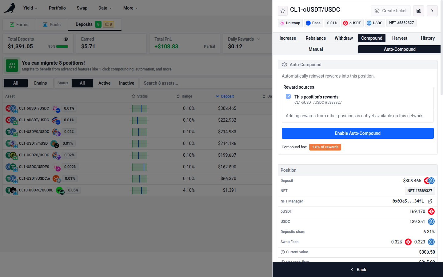 Auto-Compound settings, with the compound fee and the enable button