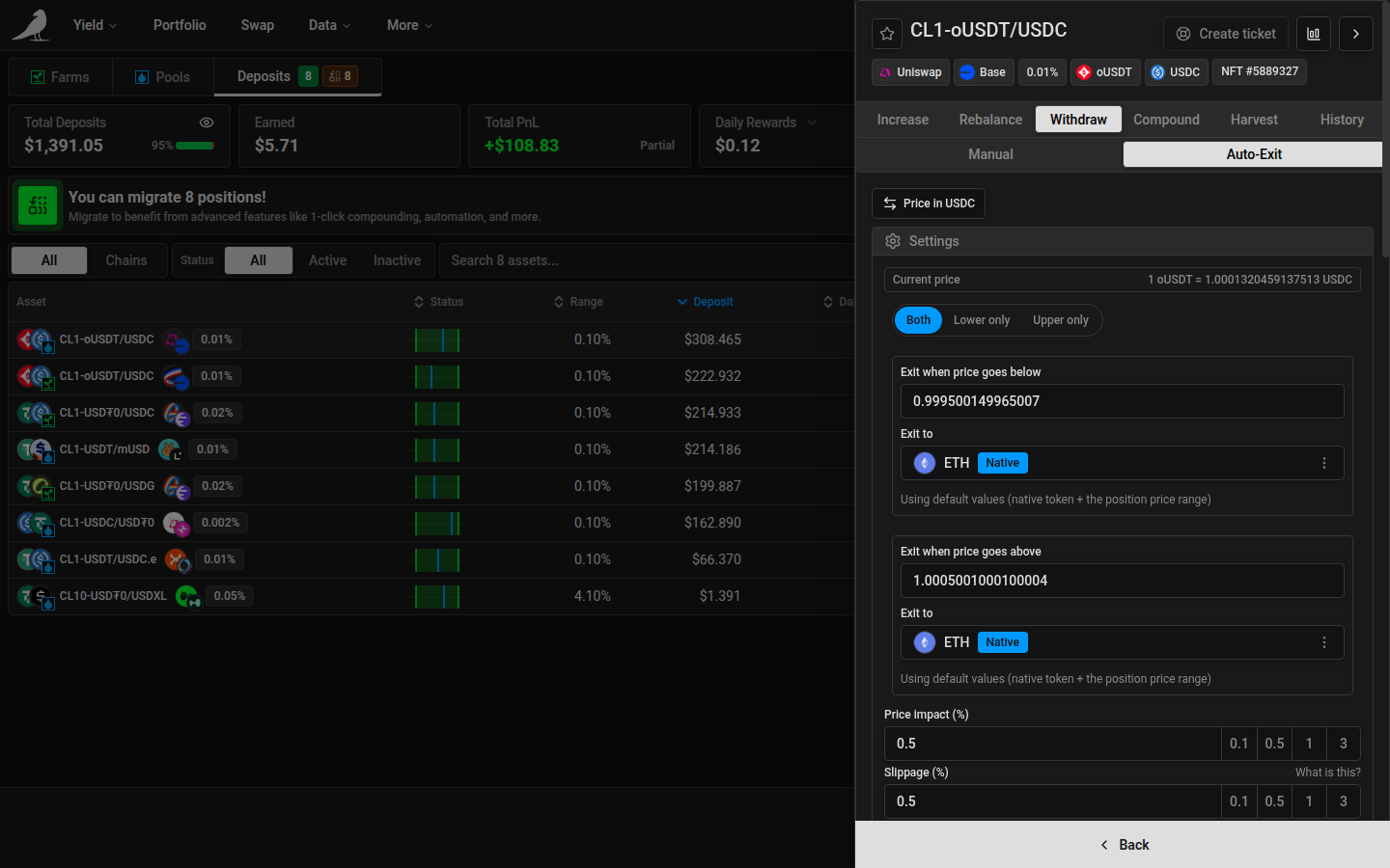 Auto-Exit settings, with lower/upper bound triggers and exit tokens