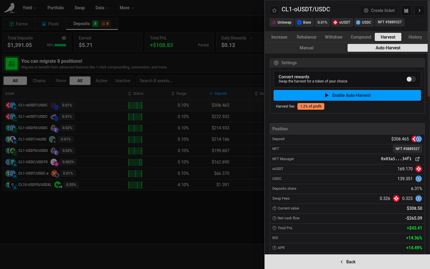 Auto-Harvest settings, with the Convert rewards toggle and the enable button