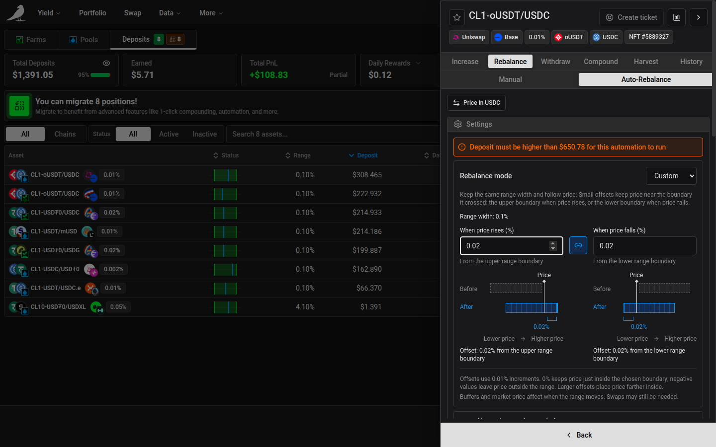 Auto-Rebalance settings, with the rebalance mode, reward handling, buffers, cutoff prices, delay and transaction limits
