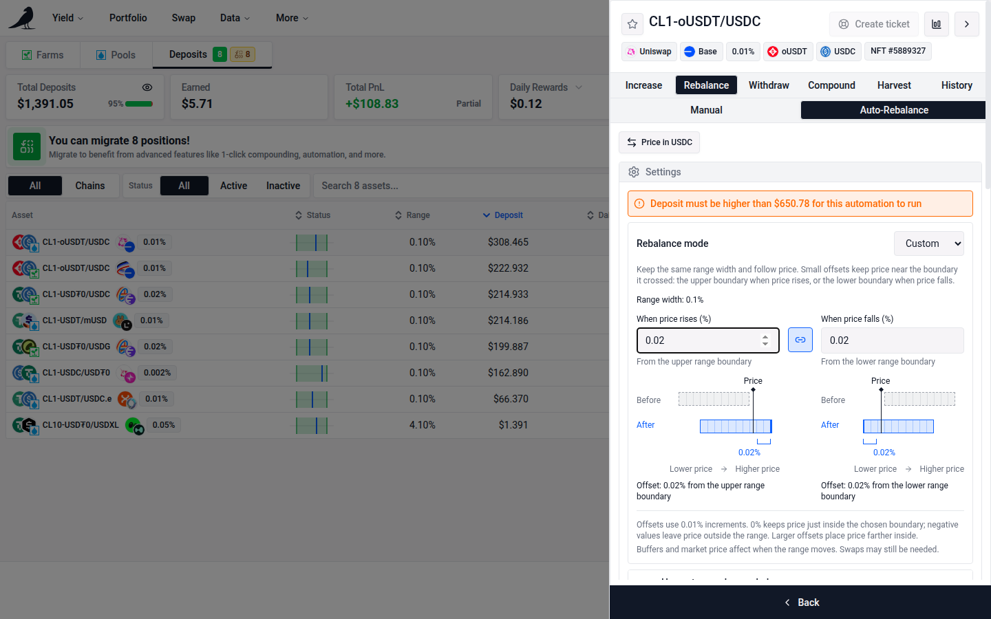 Auto-Rebalance settings, with the rebalance mode, reward handling, buffers, cutoff prices, delay and transaction limits