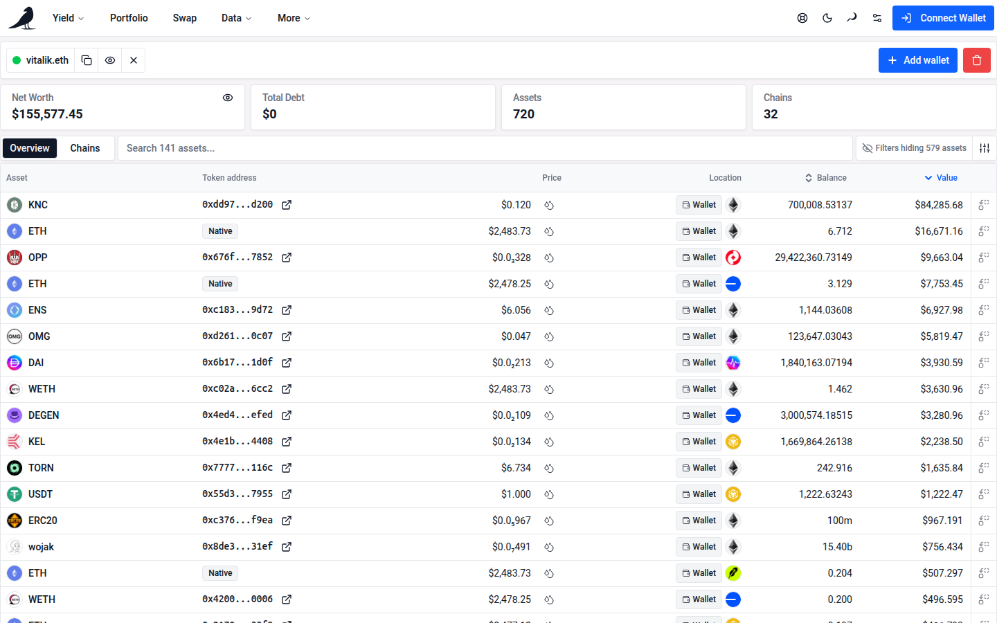 Portfolio showing wallet balances and positions across chains